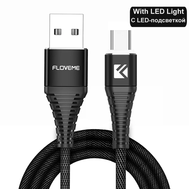 Black With LED FLOVEME светодиодный usb type-C кабель для One Plus 6 5t Xiaomi Mi6 мобильный телефон type-C кабель зарядного устройства для samsung Galaxy Note 9 8 S9 USB C - Цвет: Black With LED