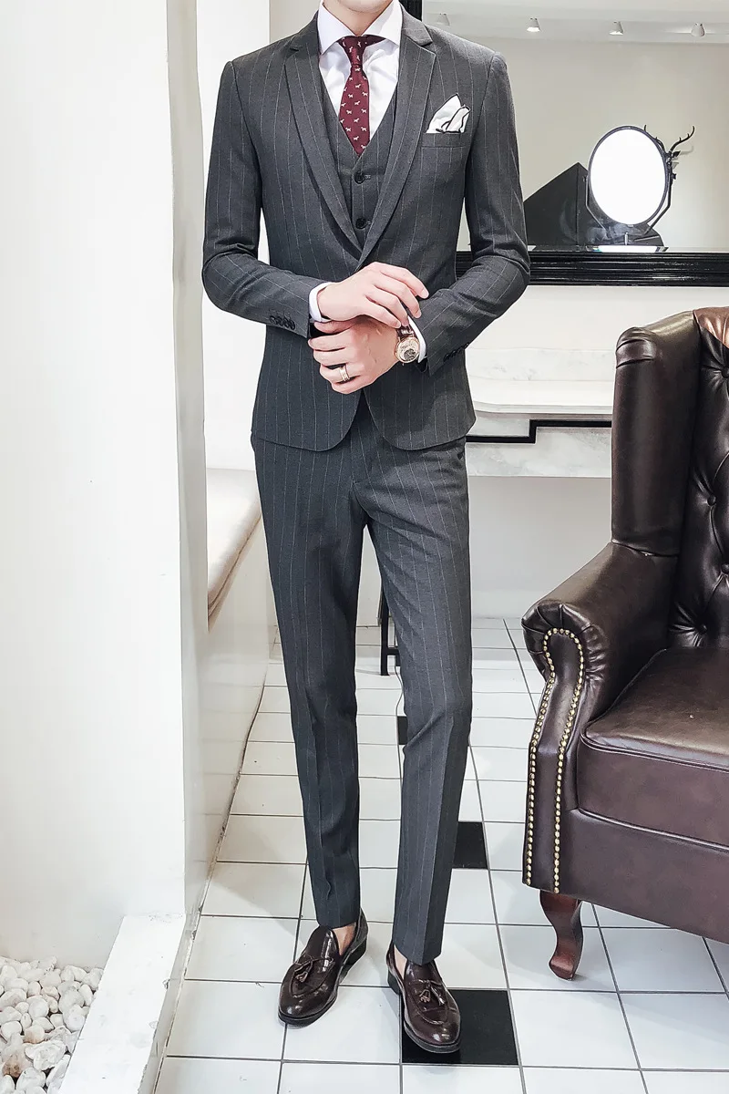 

Blazers + Pants + Vest Men Slim Striped Suits Solid Color Business Casual 3-piece Sets Trajes De Hombre 2019