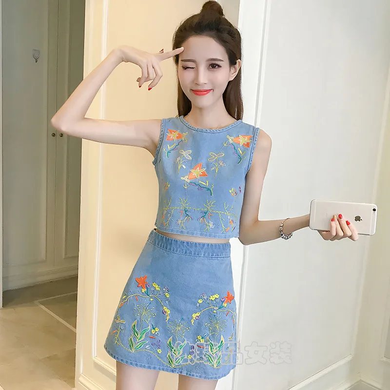 Модные летние джинсовые комплекты с платьем из 2 предметов модные топы вышивкой и
