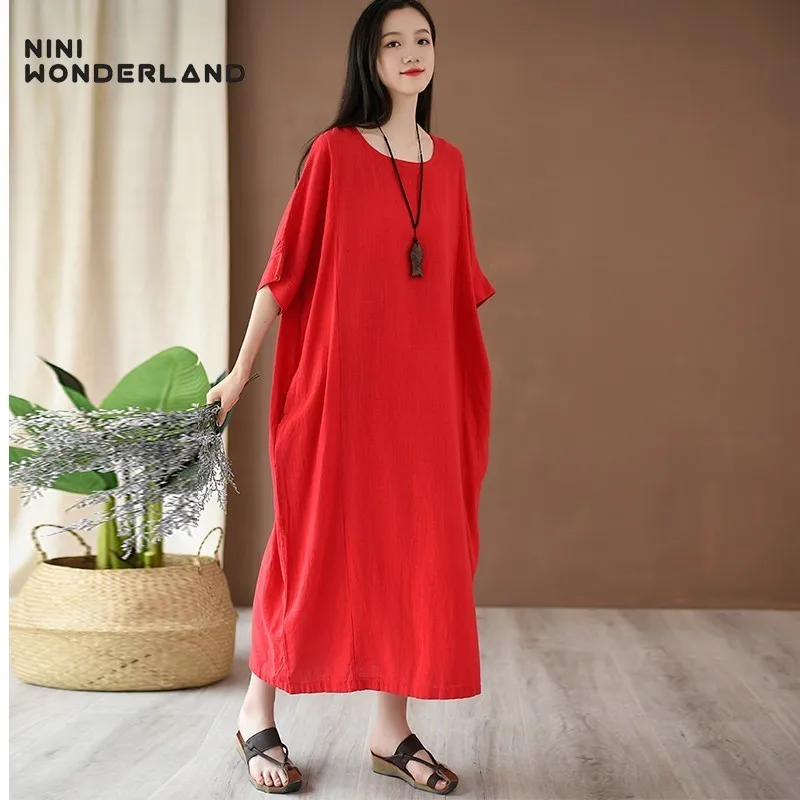 NINI WONDERLAND летнее размера плюс платье для женщин хлопковое льняное свободное
