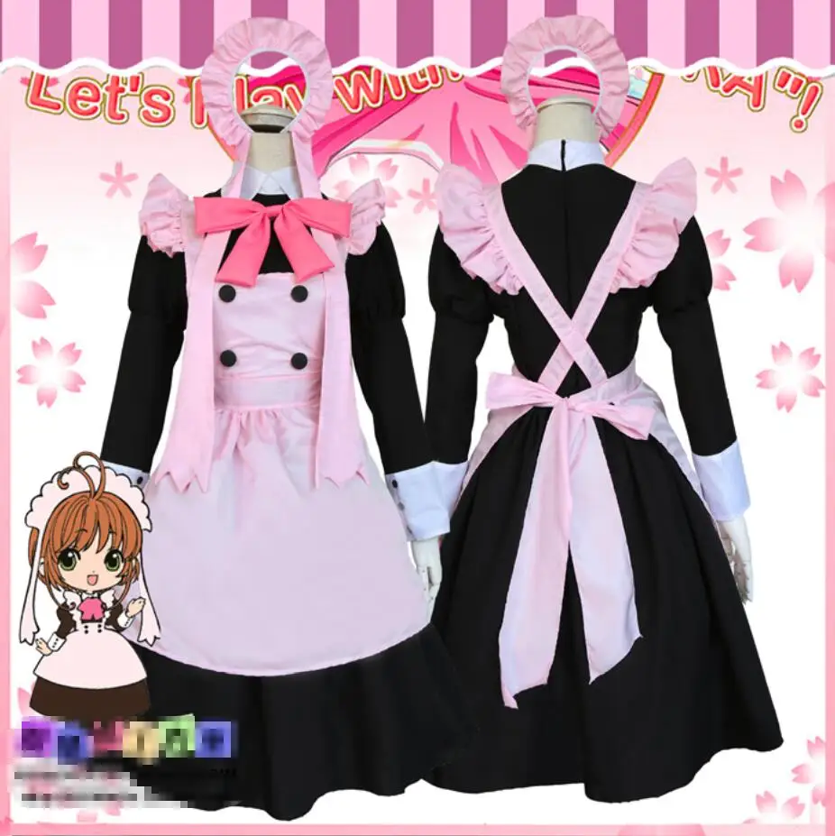 

Anime CardCaptor cosplay KINOMOTO SAKURA DAIDOUJI TOMOYO cartoon Cafe maid Costumes girls Lolita pink purple dress Halloween
