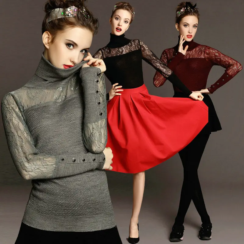 

Free shipping Spring 2015 Set head long sleeve Slim lace render unlined upper garment sexy translucent turtleneck sweater