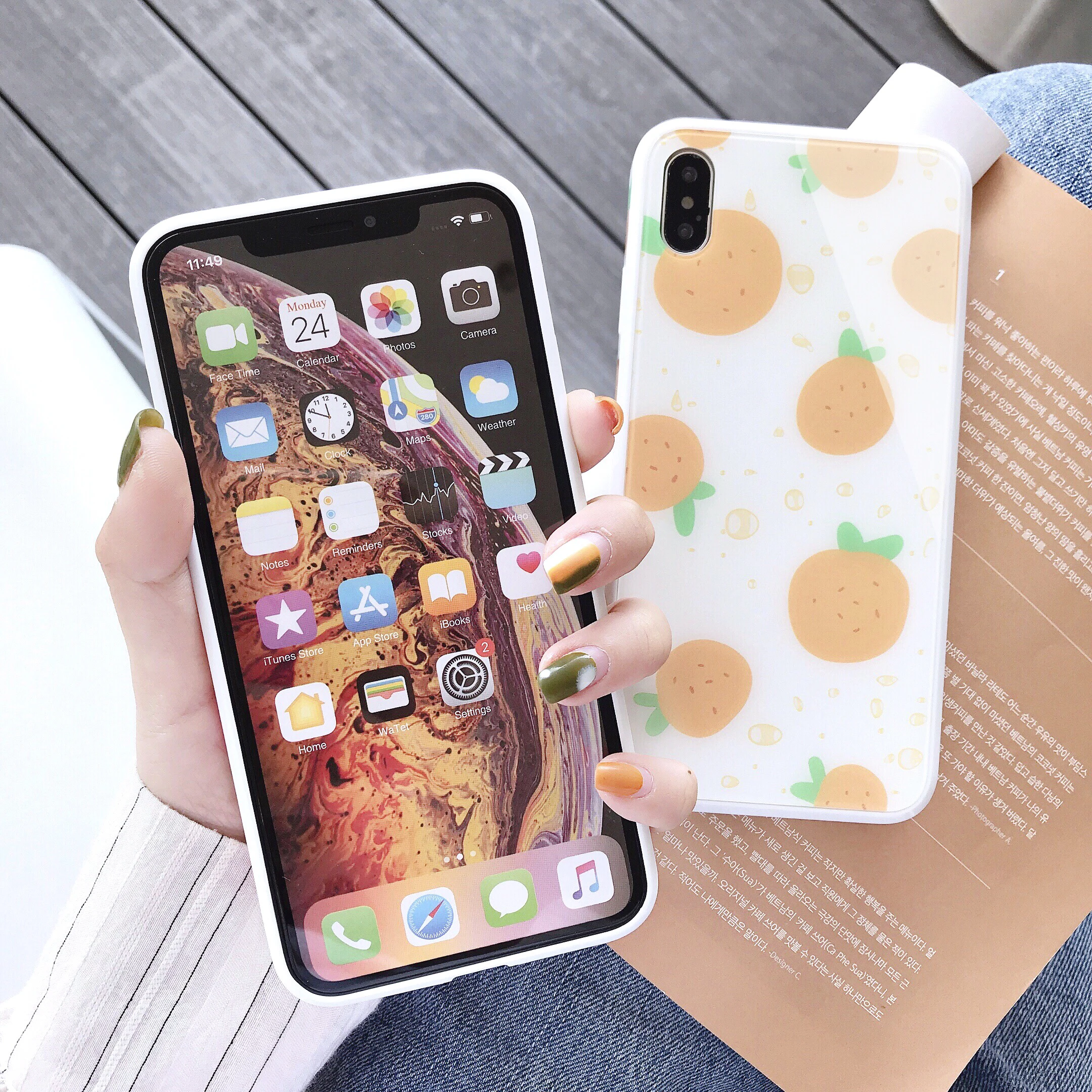 XS Max цвет слоновой кости белый закаленное стекло фрукты оранжевый персиковый
