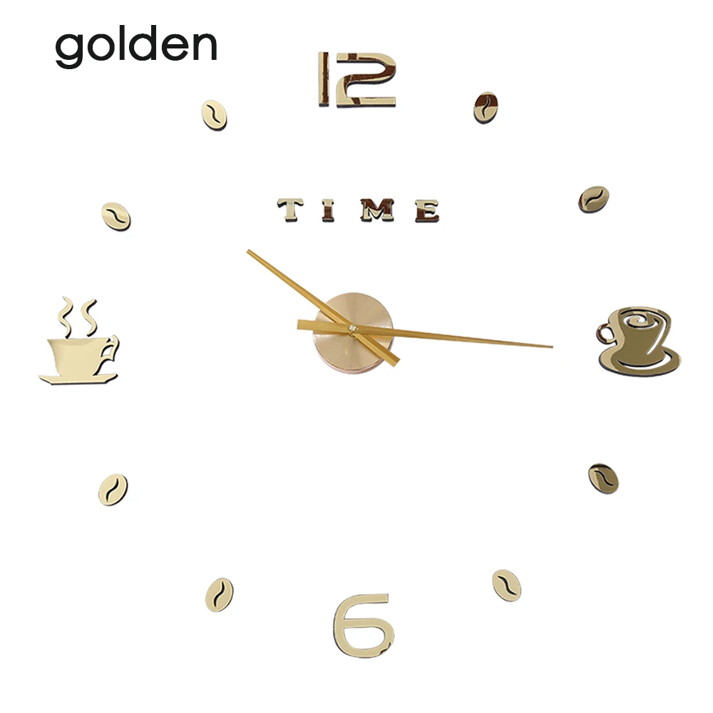 wall clock golden Кафе DIY большие настенные часы без рамы гигантские настенные часы современный дизайн кафе кофейная кружка кофейные зерна Настенный декор кухонные настенные часы - Цвет: wall clock golden