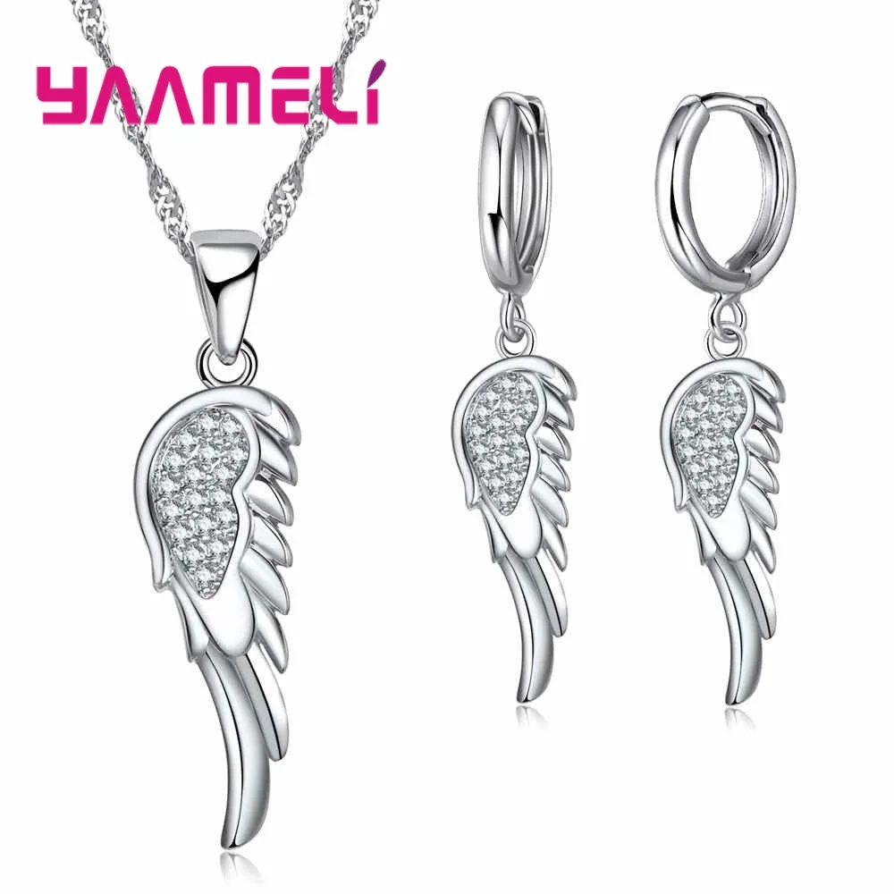 

Angle Wing 925 Sterling Silver Pendants Necklace Dangle Earrings Set For Wedding Women CZ Zircon Engagement Jewelry Sets