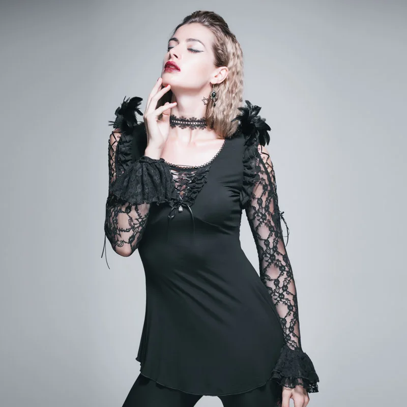 

Devil Fashion Gothic Dark Women's Lace T-Shirts Steam Punk Long Sleeve Back Lace-up Casual Tee Shirt Tops with Feather