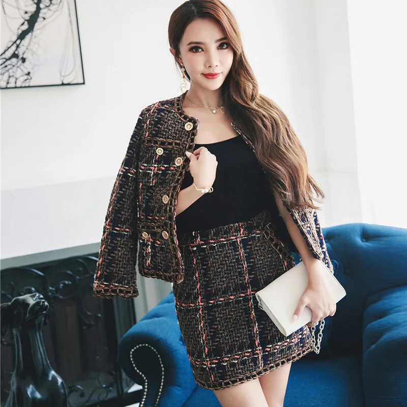 

Women Skirt Sets 2017 Europe Ladies Beading Woolen Tweed Jacket+ Short Skirt Suits Tassels Two Piece Womens Clothing Sets Autumn