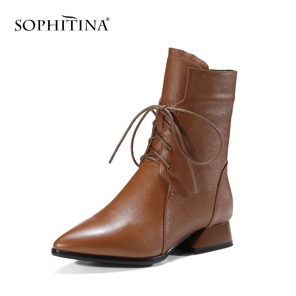 SOPHITINA/пикантные ботинки с острым носком; модные однотонные ботильоны из коровьей кожи высокого качества с перекрестной шнуровкой; женские ботинки специального дизайна; MO250