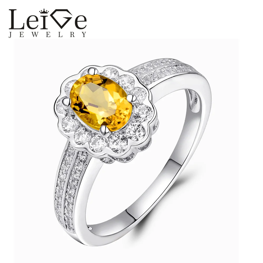 

Leige Jewelry Yellow Citrine Ring Oval Cut Prong Setting Halo Gemstone 925 Sterling Silver Wedding Anniversary Rings for Women