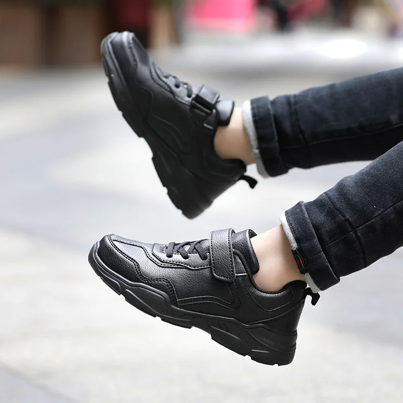 Детские кроссовки для мальчиков с резиновой подошвой; прогулочная обувь для мальчиков; Детские удобные школьные кроссовки для мальчиков; черная кожаная спортивная детская обувь