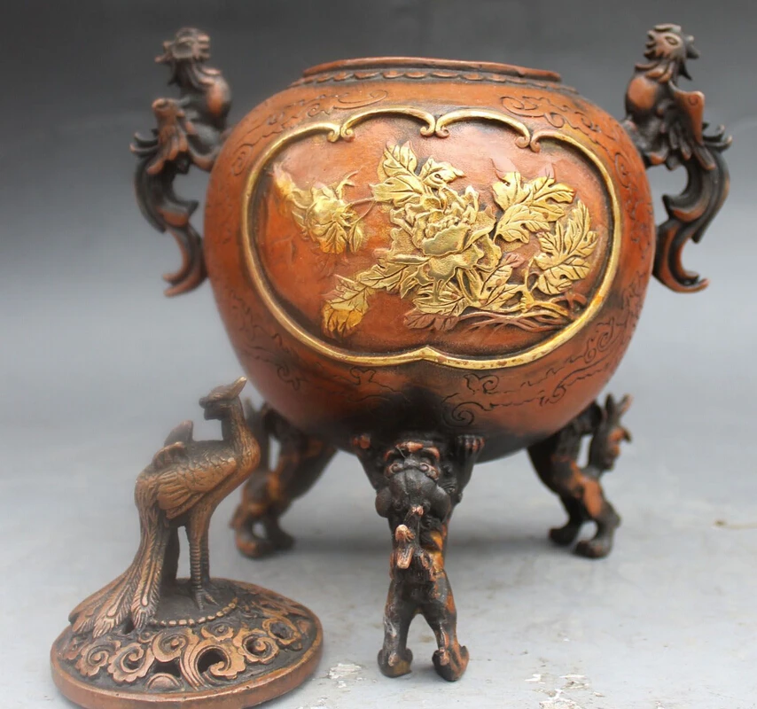 ZSR bi002583 9&quot Marked Chinese Fengshui Bronze Gilt Phoenix Lion incense burner Censer Statue | Дом и сад