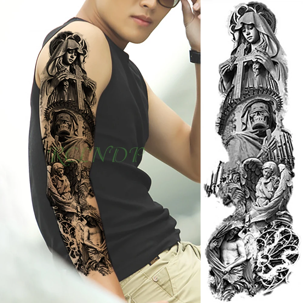 

Waterproof Temporary Tattoo Sticker head cross angel wings full arm fake tatto flash tatoo sleeve large size for men women lady