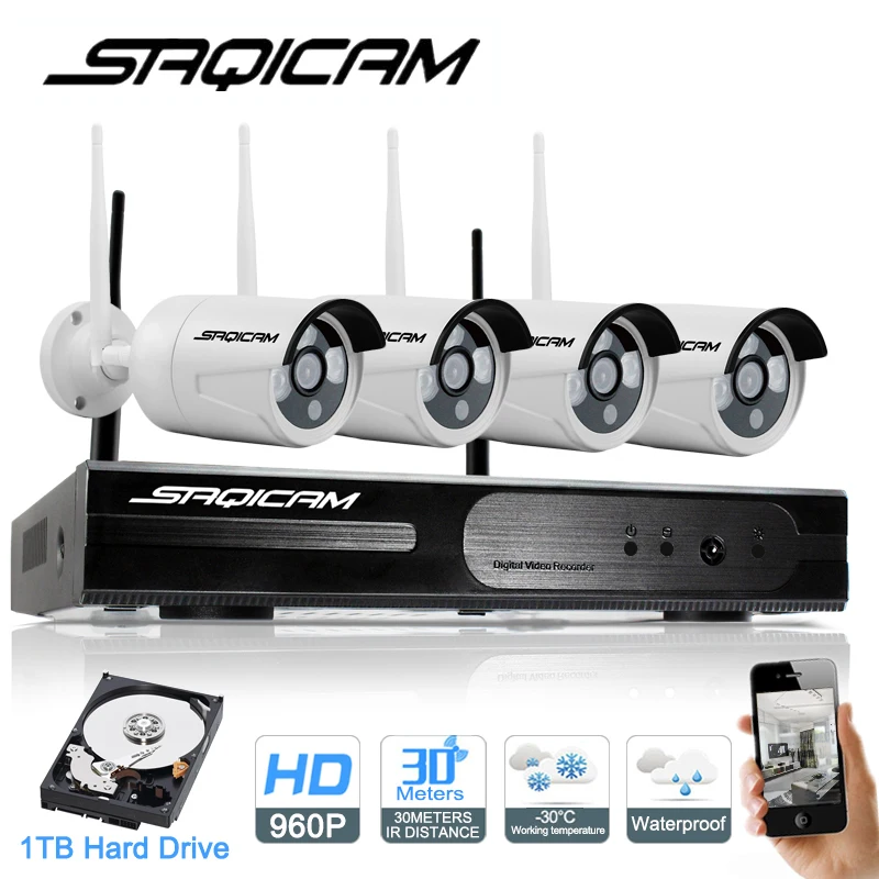 Saqicam 4CH 960P NVR Беспроводная охранная система видеонаблюдения 4 шт. 1.3MP Wifi камера