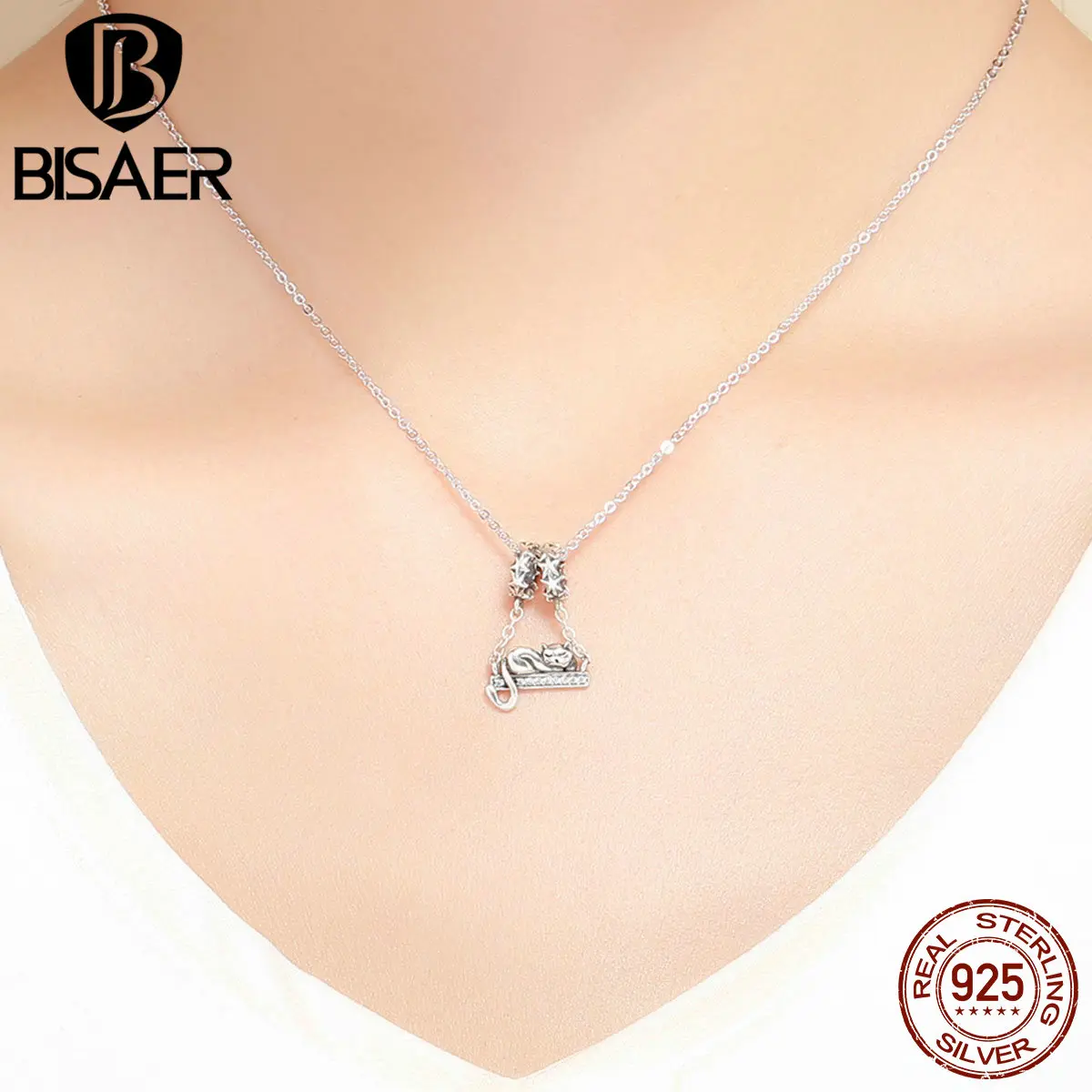BISAER 925 пробы Серебряный спящий Кот Подвески светящиеся звезды бусины подходят для очаровательных браслетов подлинное Серебро 925 Изготовление ювелирных изделий