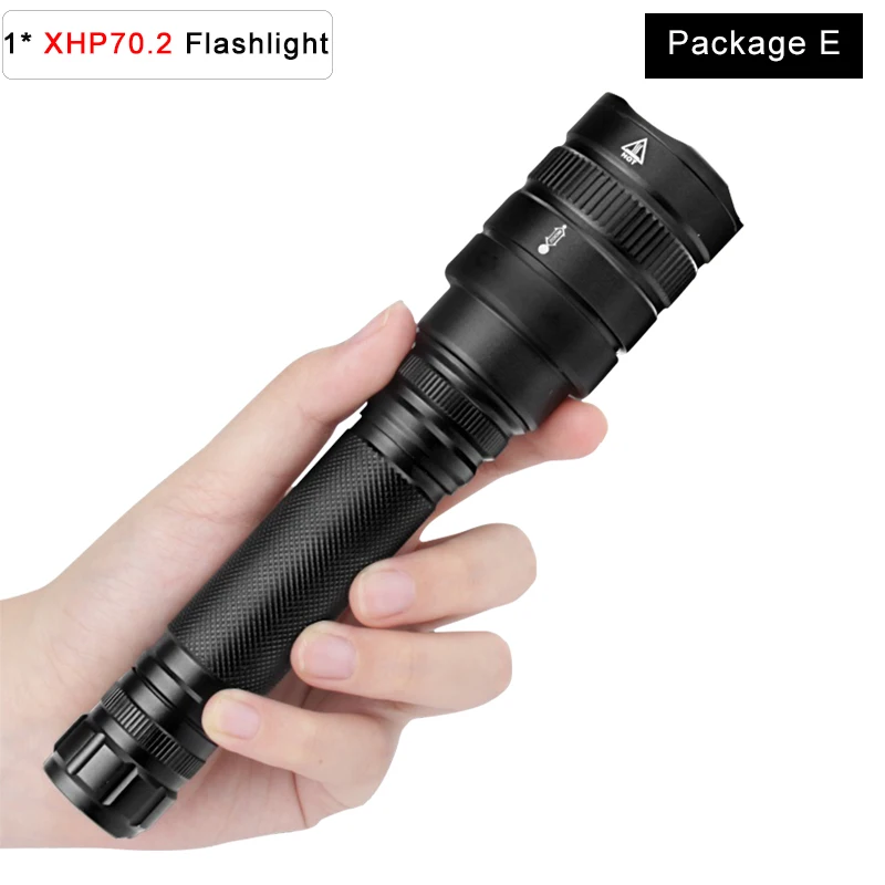 Package E Мощный светодиодный фонарь XHP70/XHP50 светодиодный фонарь с масштабированием, 5 режимов, водонепроницаемый фонарь для наружного освещения, для работы в кемпинге - Испускаемый цвет: Package E