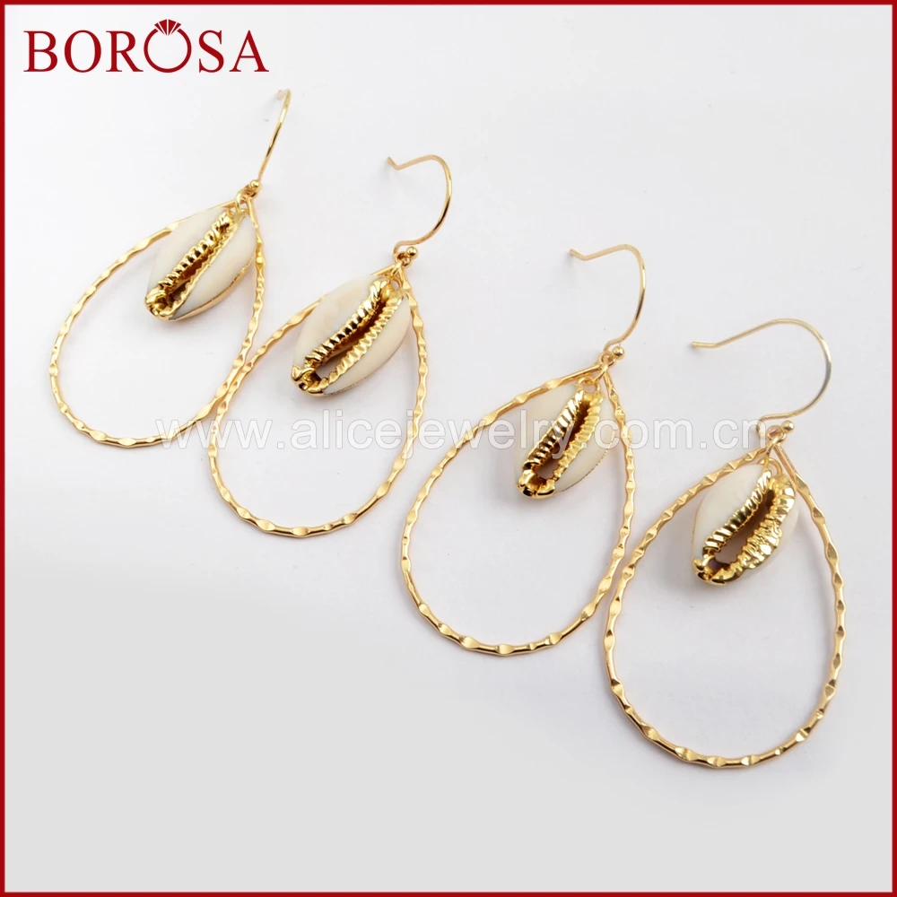 

BOROSA 5pairs Natural Cowrie Shell Teardrop Earring Gold Color Trim Seashell Charms Dangle Earrings Presents for Lady G1583