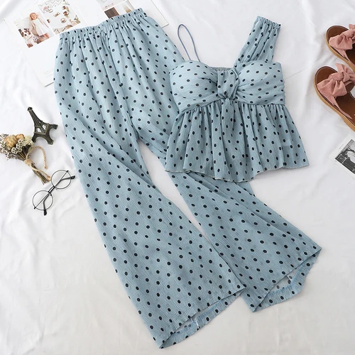blue jumpsuit Neploe/комплект одежды из 2 предметов в горошек г. Летняя женская шифоновая одежда с открытыми плечами укороченный топ с широкими штанинами комплект из двух предметов, спортивный костюм - Color: blue jumpsuit