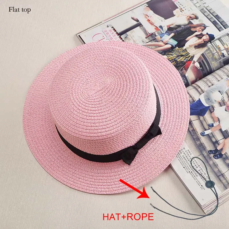 pink hat and rope Модная женская соломенная шляпа с плоским бантом, летняя шляпа от солнца для женщин и девушек, модная пляжная шляпа-федора - Цвет: pink hat and rope