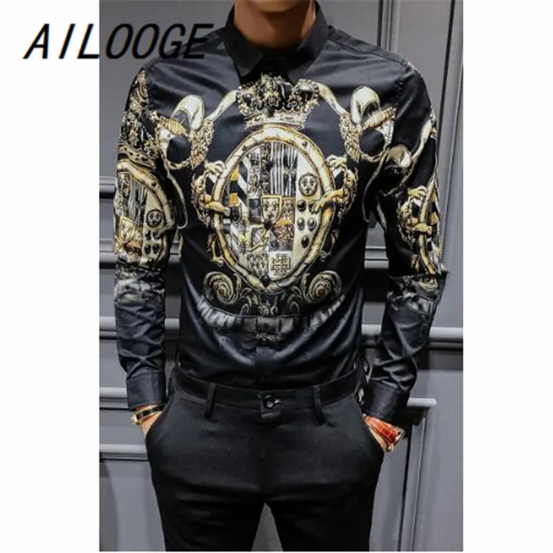 AILOOGE черного и золотого цвета с принтом рубашка 2021 Новый барокко Slim Fit вечерние