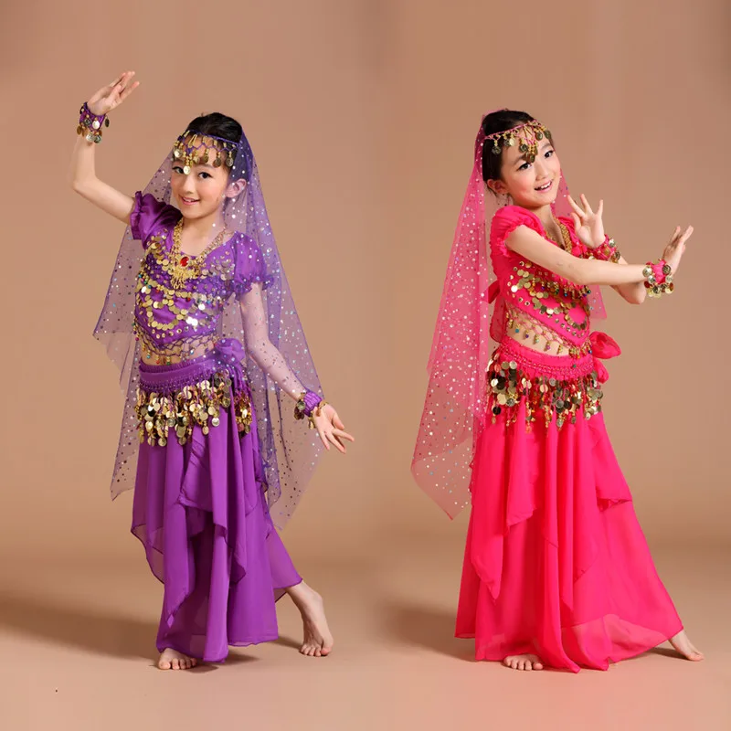2017 New Girls Belly Dance Costumes 2-4-5-6Pcs Chiffon Sequin Clothing For Kids Genie Fringe Dance Pants Gypsy Clothes