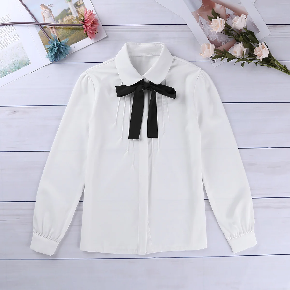 

TiaoBug Fashion Elegant Women Long Sleeve Turn-down Collar Shirt Women Top Removable Bowknot Harajuku School Autumn White Blouse