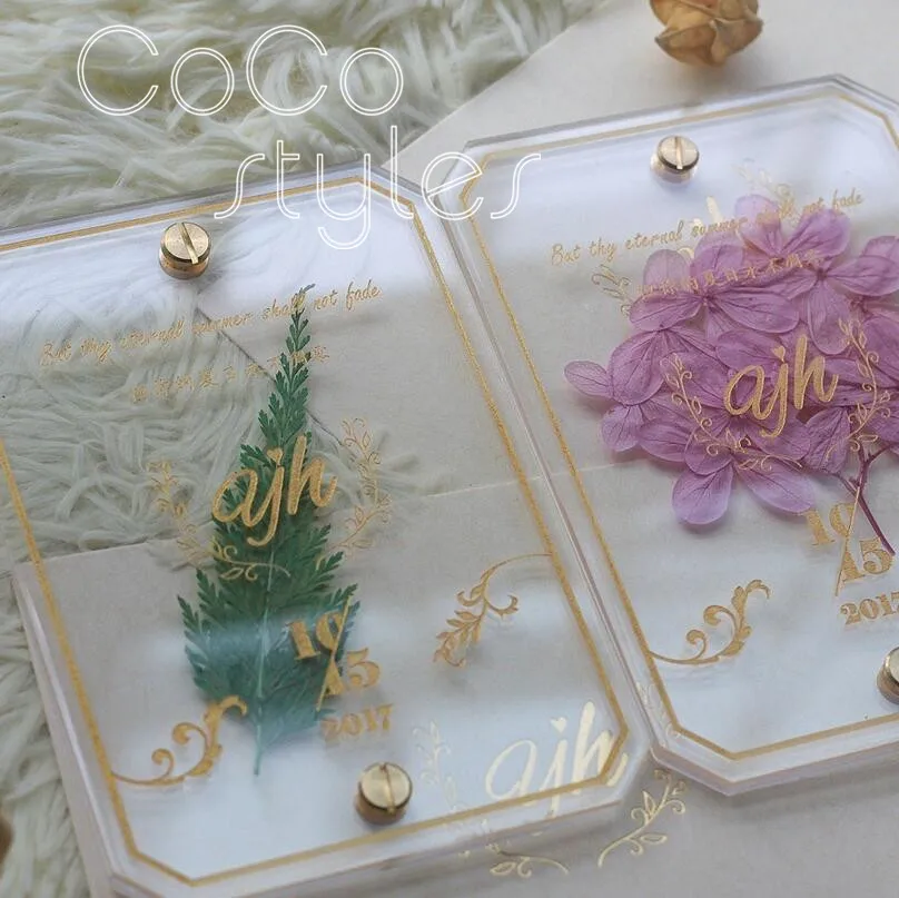 Cocostyles custom personalized gold silk screen lucid acrylic invitation card with forever flower for garden wedding | Дом и сад