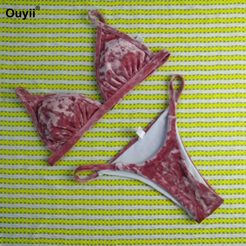 2019 New Bikini Set Suede Reflective Super Soft Triangle Split Low Waist Backless Sexy Fashion Ladies Swimwear |
