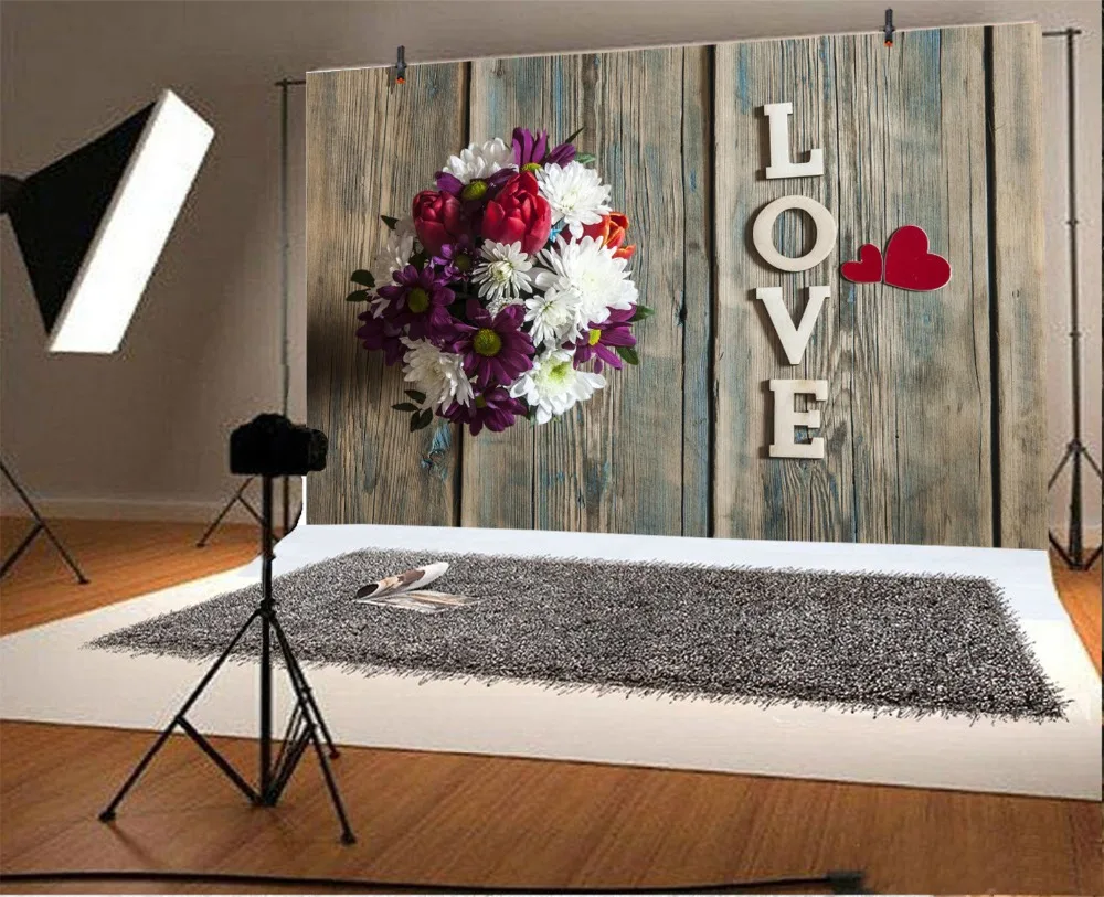 Laeacco Word Love Flower Wooden Board Portrait Scene Photographic Backgrounds Customized Photography Backdrops For Photo Studio |