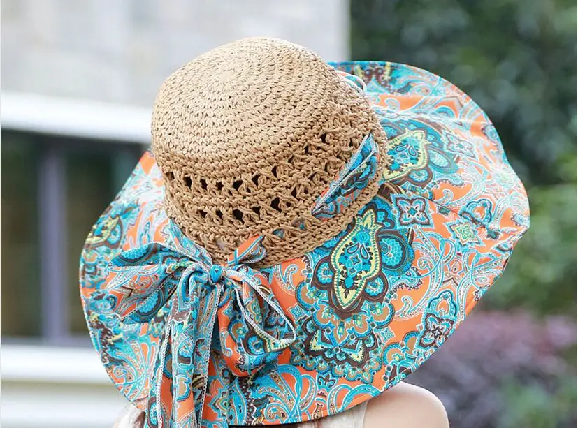 Шляпа для женщин Лето 2016 цветочный принт широкие свисающие поля Кепка Панама Sunhat