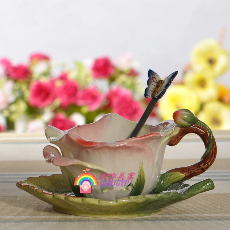

Champagne roses ceramic coffee mug cup dish group household gifts (with spoon)