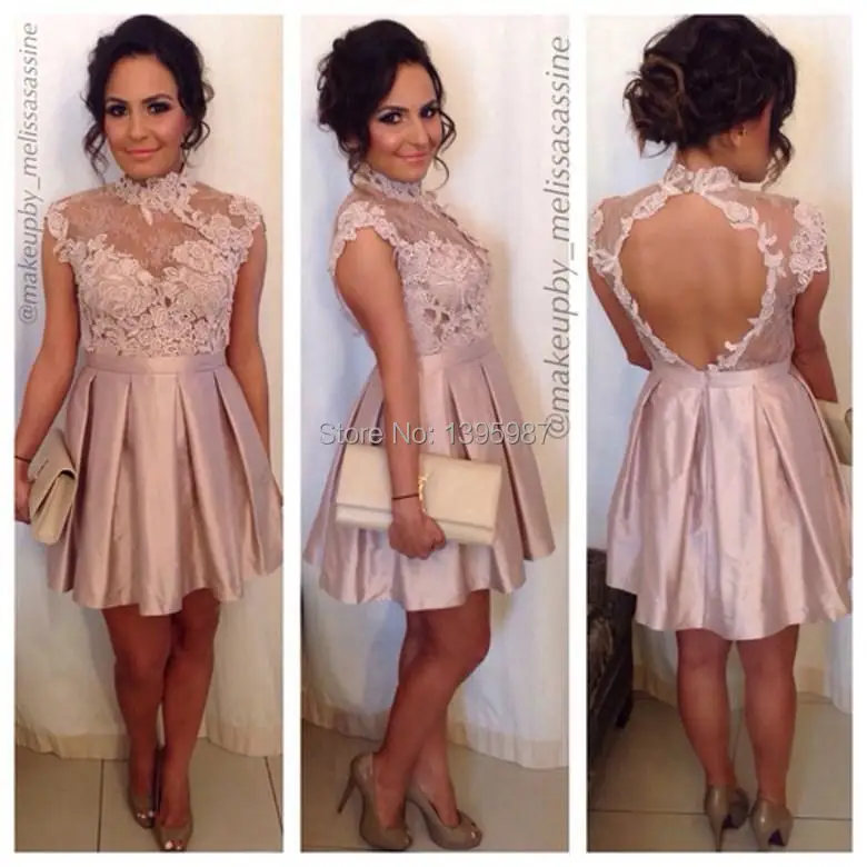 

Taffeta High neck Prom Dress Homecoming Dresses backless Sexy Cap Sleeves lace Appliqued above-knee Homecoming Gowns 2015 AX092