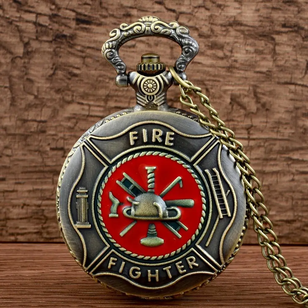 

Vintage Bronze Fob Watch Steampunk Pocket Watch Men Pocket Watch Fire Fighter With Chain Necklace Pendant For Men And Women