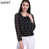 lollas new fashion dot chiffon blouse women plus size long sleeve dot black blouse