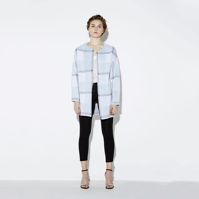 HYH HAOYIHUI 2018 Brand New Autumn Fashion Women Blue Plaid Casual Cardigan Single Button O-neck Long Sleeve coat |
