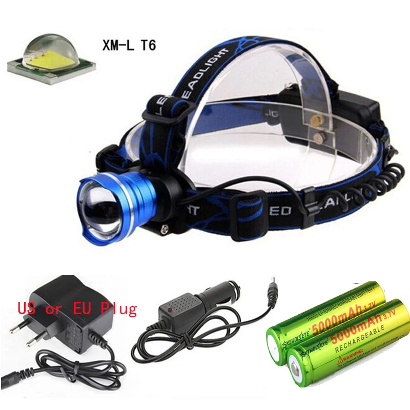 

Zoomable Head light Head lamp XM-L T6 led 2500LM rechargeable Headlamps Headlights lamp lights +2X 18650 battery Charger