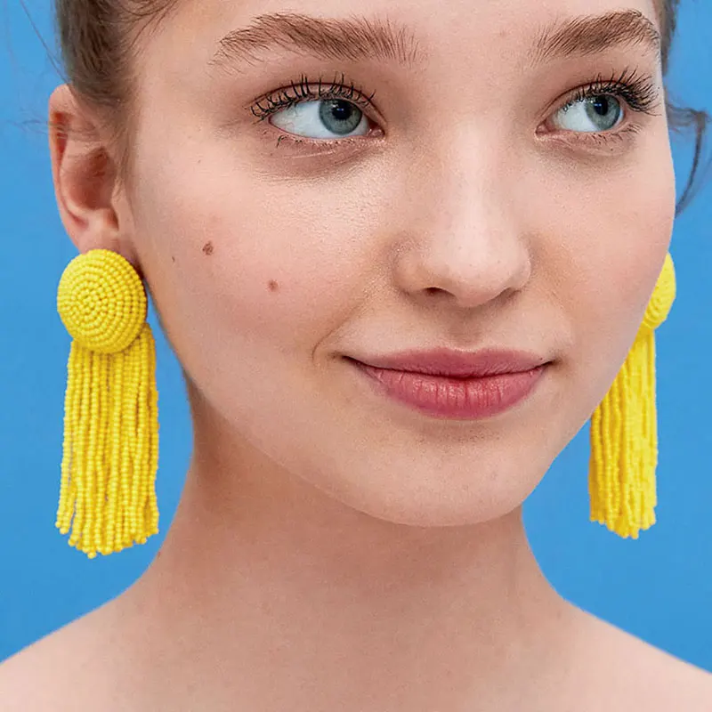 Bohemian Long Resin Beads Tassel Earring Fringed Statement stud Earrings For Women Fashion ZA Jewelry 2018 | Украшения и