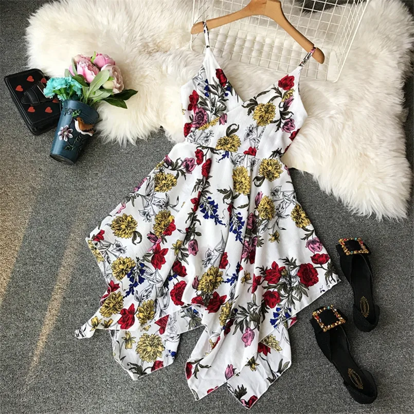 Boho V образным вырезом сексуальное летнее платье с цветочным принтом Нерегулярные Спагетти ремень миди женское повседневное асимметричное богемное пляжное платье