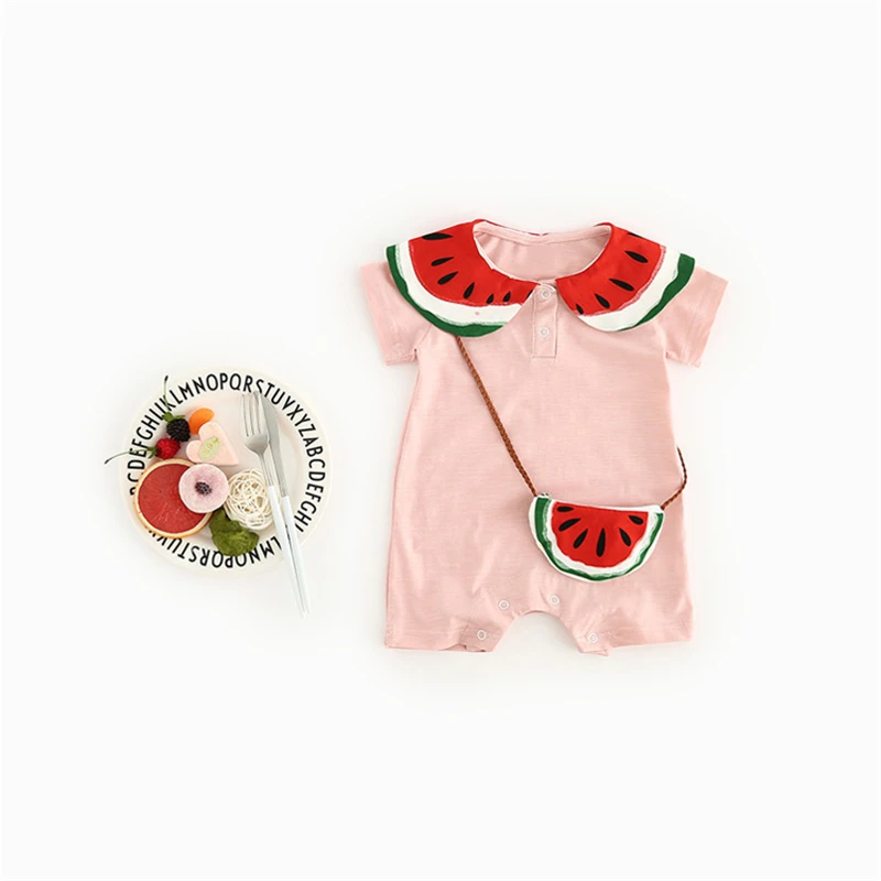 

Toddler boys girls watermelon style rompers baby turn down collar short sleeve pink cute clothes kids summer newborn clothing
