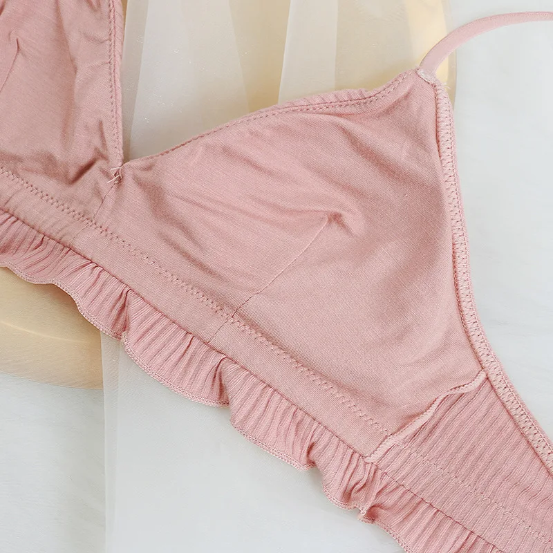 Пуш-ап Беспроводной бюстгальтер пикантные удобные Bralette комплект хлопок нижнее белье с подкладками костюмы оборками снизу, Трусики-бикини белье с низкой посадкой