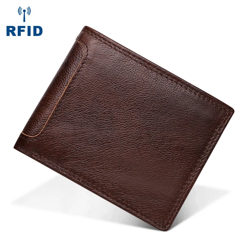 

Real Cowhide Leather RFID Blocking Bifold Clutch Men's Short Wallets Purses Male ID Credit Cards Holder Carteira Masculina 2018