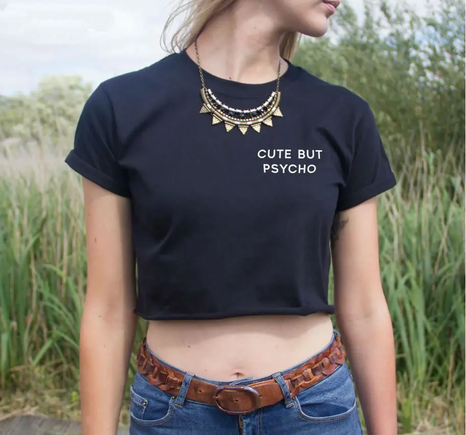 Women Summer Crop Top Pocket Cute But Psycho Short tshirt 2015 Sexy Slim Funny Tee Hipster Latest Black White HH203-1 | Женская одежда