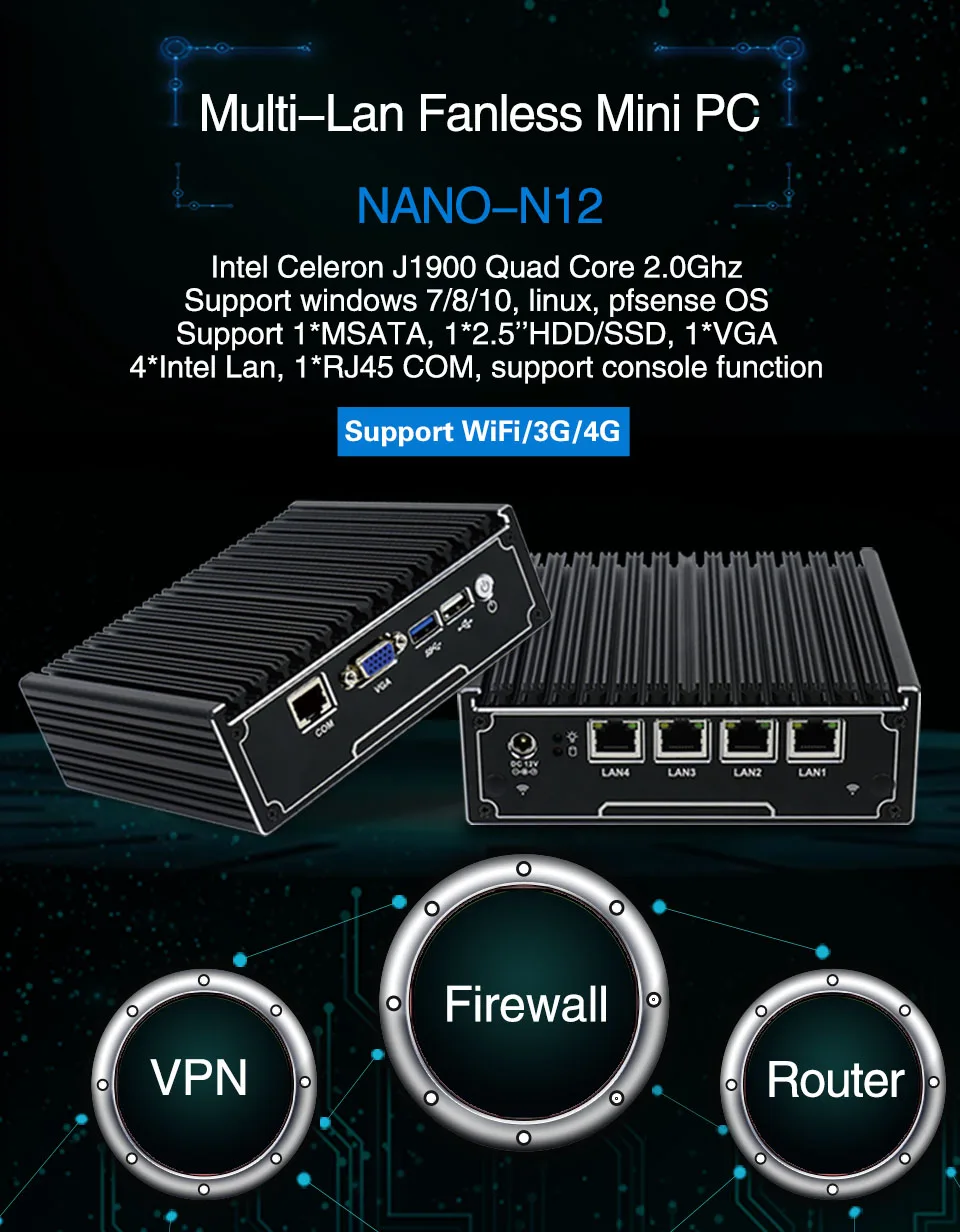 Minisys 4 Ethernet RJ-45 Lan порты мини ПК Intel Celeron J1900 четырехъядерный 2,0 ГГц pfsense брандмауэр маршрутизатор Поддержка 2,5 ''HDD/SSD