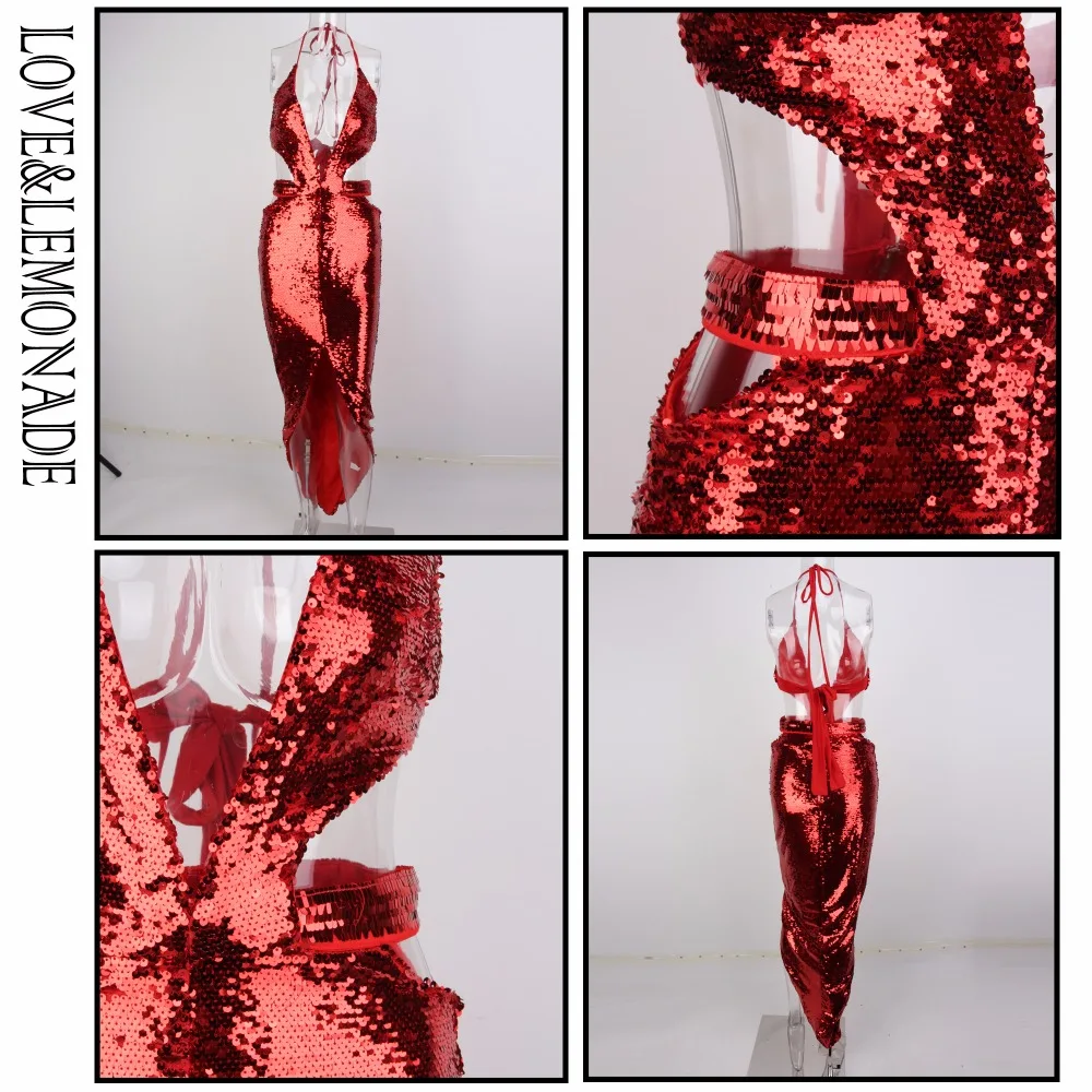 

LOVE & LEMONADE Red Deep V-Neck Cut Out Sequined Dress LM0705