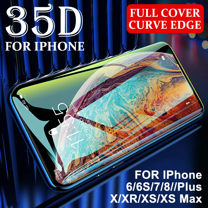 

Защитное стекло 35D для iPhone X, XR, XS Max, закаленное стекло на iPhone 6, 7, 8 Plus, Защита экрана для iPhone X, изогнутые края, HD