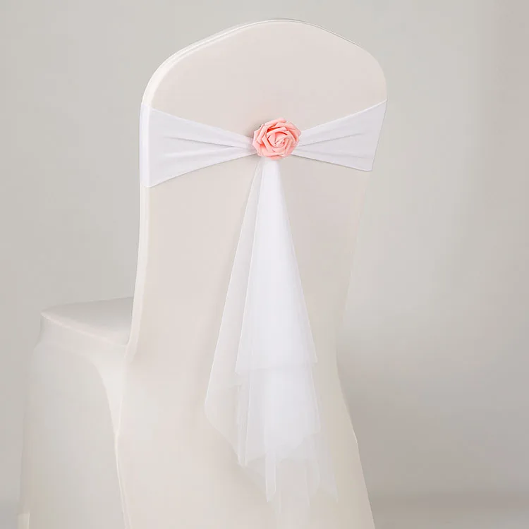 

White colour spandex sashes with rose ball artifical flower and organza chair sash wedding lycra bow tie band wholesale