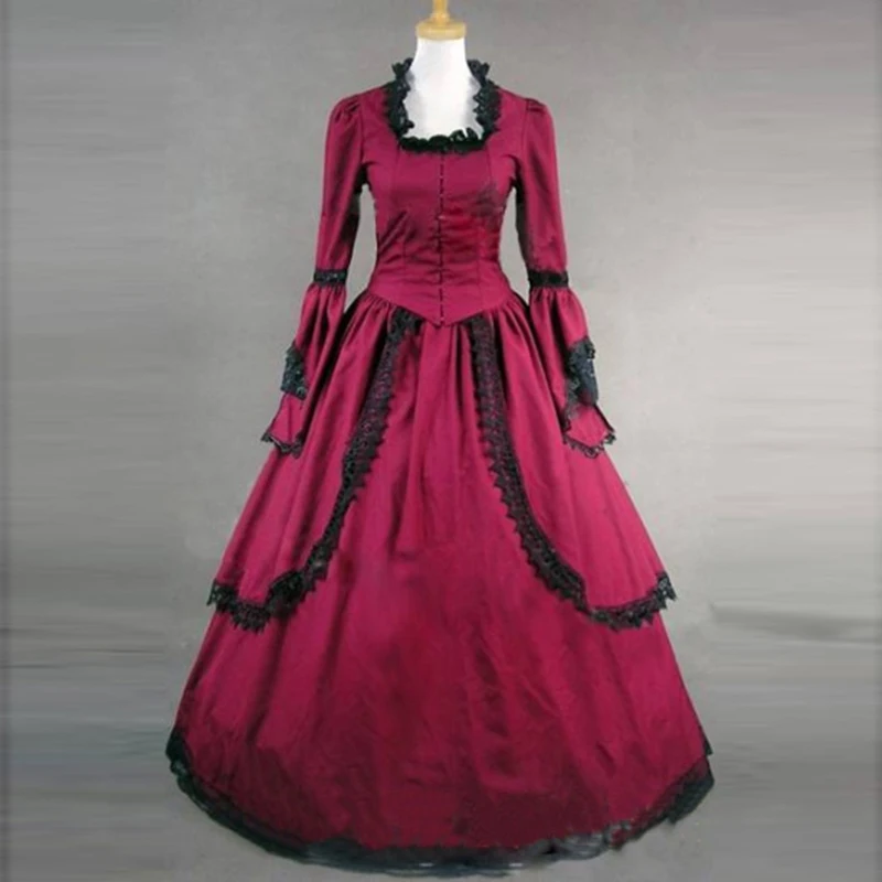 2018 Красное и черное платье принцессы с квадратным воротником 18 го века Ретро