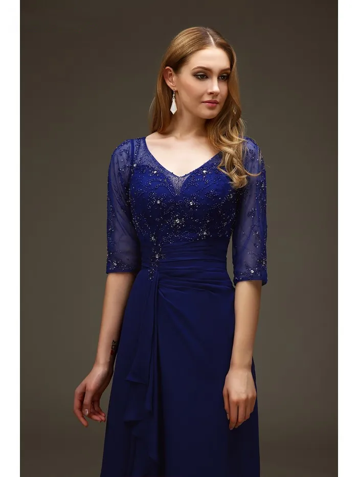 Королевский синий для матери невесты Платья А-силуэта с v-образным вырезом