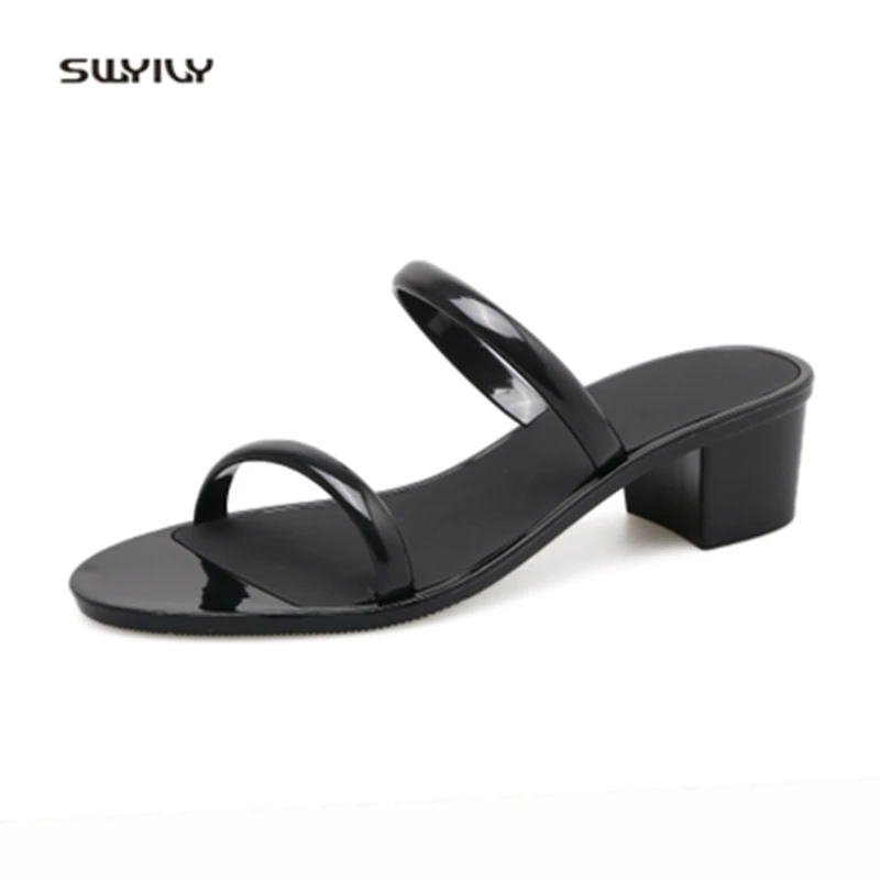 

SWYIVY Slipper Woman Thick Heel Simple Design Female Plastic Jelly Shoes Comfortable Lady Plastic Beach Slides Solid Slippers