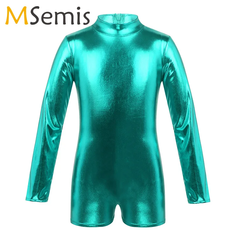 

Girls Ballet Leotard Long Sleeves Mock Neck Shiny Metallic gymnastics leotard Back Zipper Ballet Dance Costume Jumpsuit Unitard