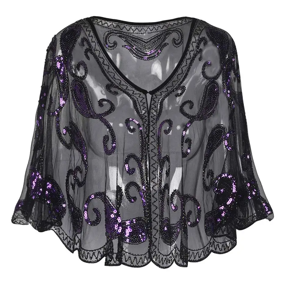 Black Purple JaneVini Blingbling расшитый блестками женский плащ вышитая бисером Свадебная кофта Болеро шаль черные Серебряные Блестки вечерние свадебные куртки палантин - Цвет: Black Purple
